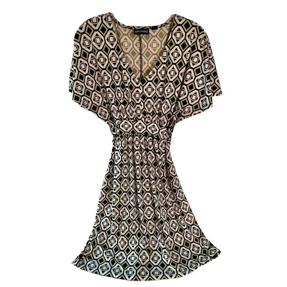 Nina Leonard - Green & Black Geometric Stretch Shift Dress Size Small